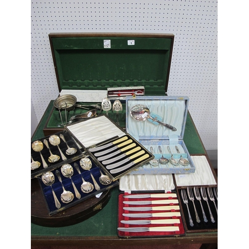 1 - Assorted Cased and Loose Plated Cutlery, including dessert spoons, servers, sets of knives, empty ca... 