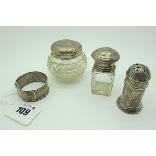 109 - Hallmarked Silver Topped Glass Pot and Jar, (damages); a hallmarked silver napkin ring etc. (4)