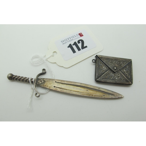 112 - A Novelty Hallmarked Silver Dagger Page Marker, approximately 9cm long; A Hallmarked Silver Envelope... 