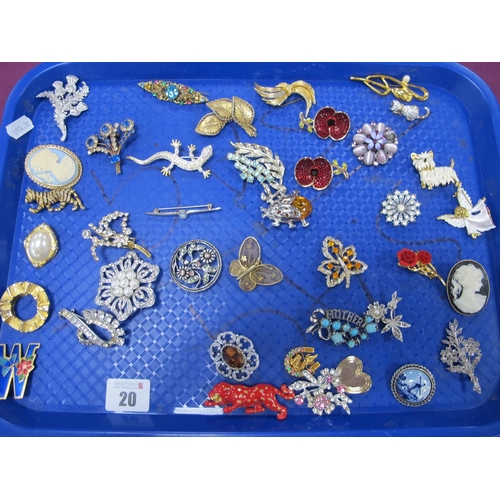 20 - A Collection of Assorted Costume Brooches, including hallmarked silver and marcasite set spray brooc... 