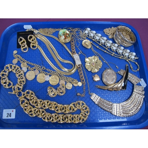 24 - Gilt Metal Costume Jewellery, including necklaces, earrings, bangle, bracelets etc :- One Tray