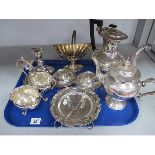 45 - A Decorative Plated on Copper Swing Handled Sugar Basket, together with navette shape plated candles... 