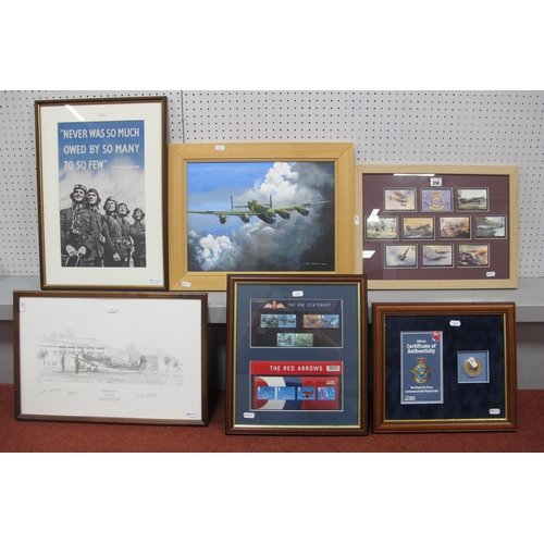 310 - Six Framed RAF Themed Prints, oil on canvas, stamps, coin, to include oil on canvas painting of a La... 