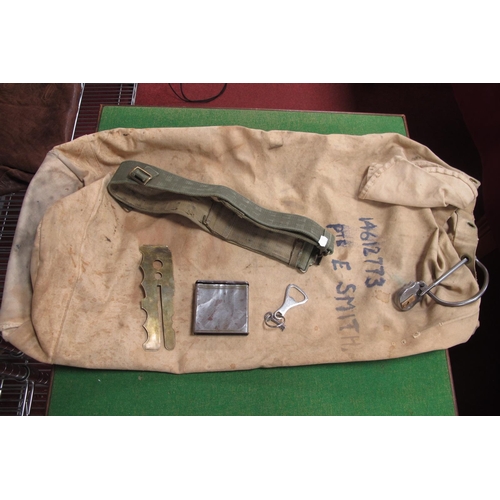 316 - A Circa WWII Military Kit Bag, 14612773 Pte E Smith, contents include button stick, belt, cigarette ... 