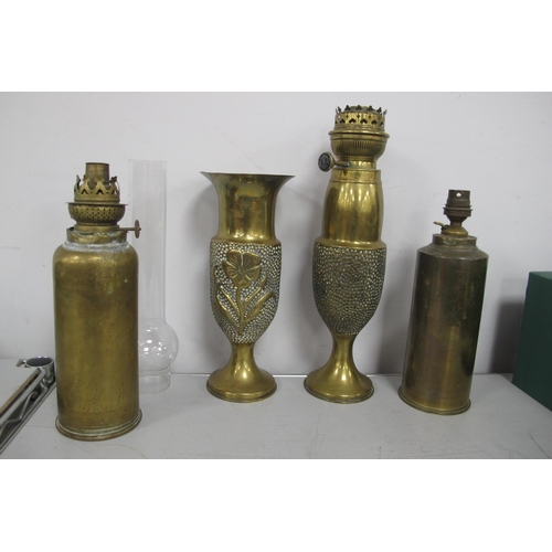 324 - Trench Art, to include French 75mm shell, converted to a table lamp, another as an oil lamp, case, e... 