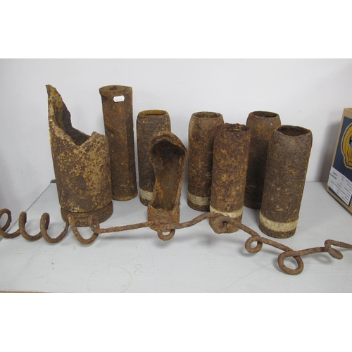 328 - WWI Shell Cases and Barbed Wire Screw Picket, in relic condition recovered from British Sector Weste... 