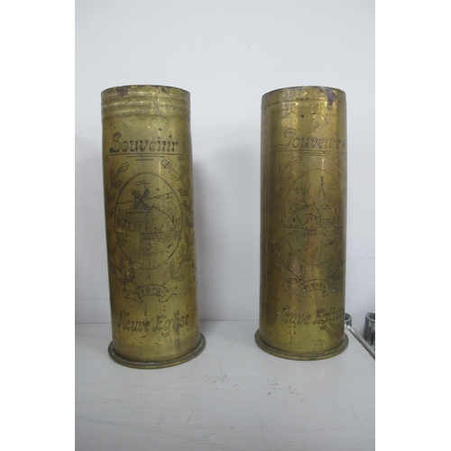 340 - WWI Era Trench Art, two brass artillery cartridges engraved with rural scenes and 'Souvenir - Neuve ... 