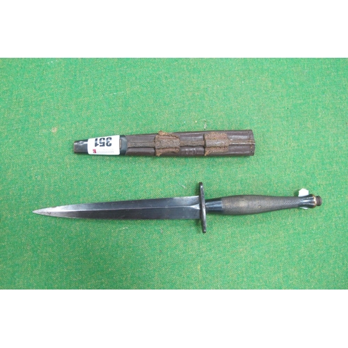 351 - Fairburn Sykes Double Edged Commando Knife, possibly reproduction, (marked with crows foot), include... 