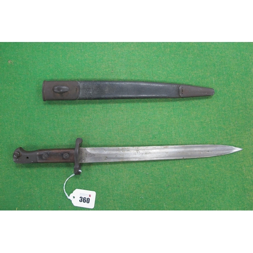 360 - British Army Pattern 1903 Sword Bayonet, with various stamps on ricasso and leather scabbard.