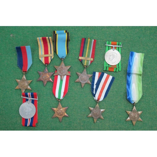 378 - WWII British War Medals: 1939-45 Star, Africa Star, Italy Star, France/Germany Star, Pacific Star, A... 