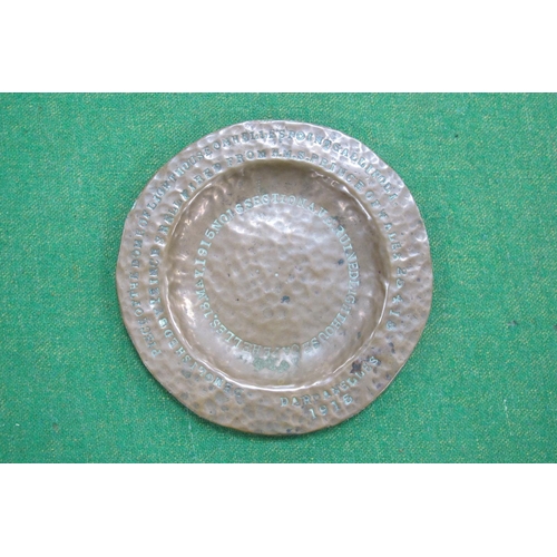 383 - WWI Copper Ashtray Dardanelles/Gallipoli 1915, inscribed 'Piece of The Dome of Lighthouse on Helles ... 