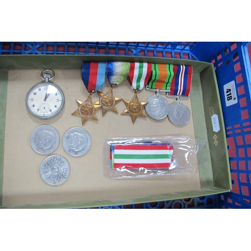 418 - WWII British Medals With Ribbons on Bar, including 1939/1945 Star, Atlantic Star, Italy Star, Defenc... 