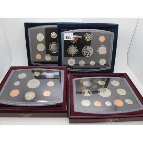 495 - Four Royal Mint Proof Coin Sets, 2000, 2001, 2002 and 2003, all cased with certificates of authentic... 