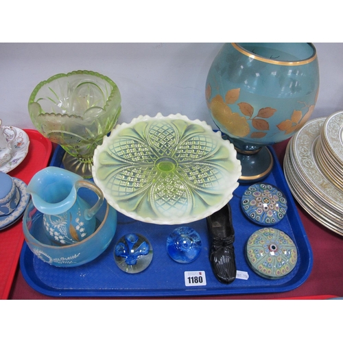 1180 - Uranium Glass Tazza, 23cm diameter, turquoise sugar and cream, paperweights, etc:- One Tray.