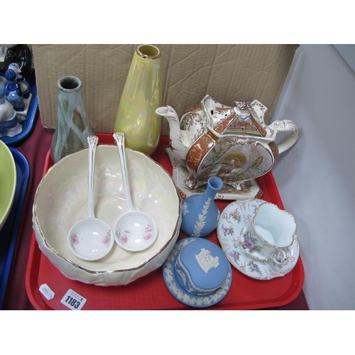 1183 - Dresden Cabinet Cup and Saucer, Wedgwood Jasper Ware, Kimono tea pot (lid chip), etc:- One Tray.