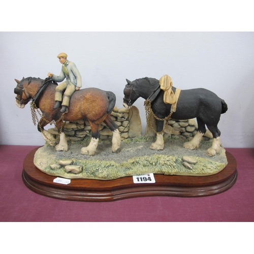 1194 - Boarder Fine Art, Two Shire Horse Group with one rider, on stand. 36cm wide.