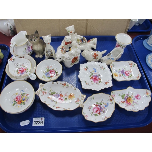 1229 - Crown Derby Posies, trinkets, of ten pieces, Beswick and crested ware cats:- One Tray.