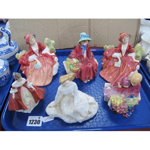 1230 - Royal Doulton Figurines, 'Lydia' 12.5cm high, another (cracked) 'Linda', 'Forever Yours', 'Flower Se... 