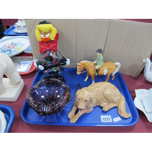 1232 - Beswick Skewbald Pony, pottery dog, glass clown, amethyst glass bowl:- One Tray.