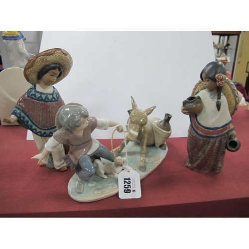 1259 - Lladro C-5N Figurine of Uncooperative Donkey, 27cm long (damaged). Lladro matt Mexican boy (damaged,... 