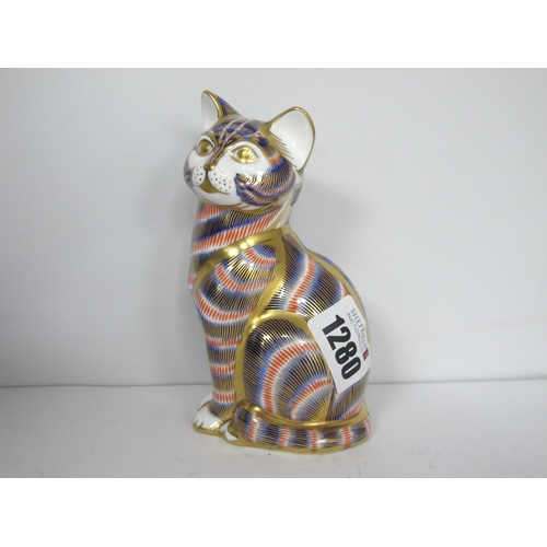 1280 - Royal Crown Derby Cat Paperweight, in imari colours, 12.5cm high.