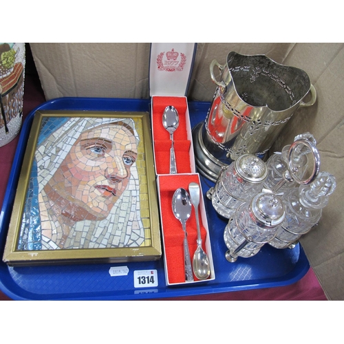 1314 - Mosaic Plaque, featuring Bust of Mary, in gilt frame, 25.5 x 19.5cm, cruet set, bottle stand, etc:- ... 