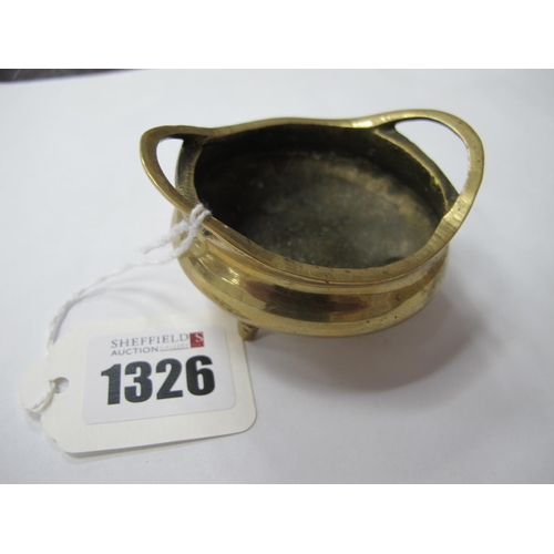 1326 - Oriental - Small Brass Censer, on three feet, with six character marks under base, 4cm high.