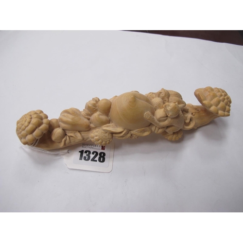 1328 - A Chinese Carved Boxwood Ruyi Scepter, naturalistically detailed with monkeys, fruit and nuts, overa... 