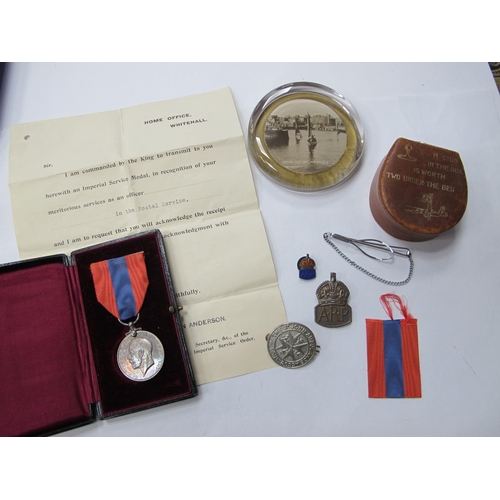 1330 - Imperial Service Medal, with literature and case, ARP silver badge and enamel example stud box, pape... 