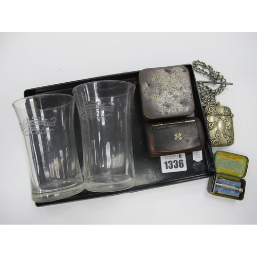 1336 - Victoria & Mikado Cafes of Sheffield Glass Tumblers, 10cm high (2). Ladies boudoir razor, vesta case... 