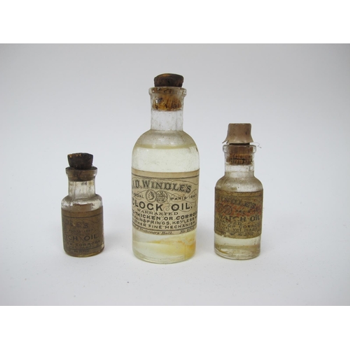 1345 - Three Interesting Late XIX Century Bottles of Clock Oil, J.D Windles No 21702, 8.1cm high, along wit... 