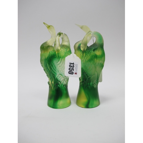 1350 - Tittot, Art Glass Twin Bird Figure Groups, in shades of green, both limited edition of 1392, dated 2... 