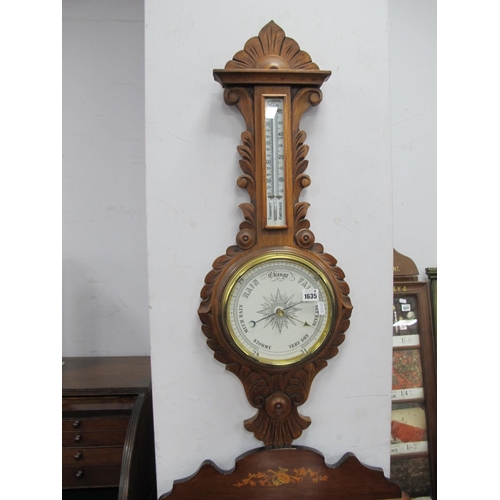 1635 - An Oak Banjo Barometer, circa 1900 with thermometer to neck, 88cm high.