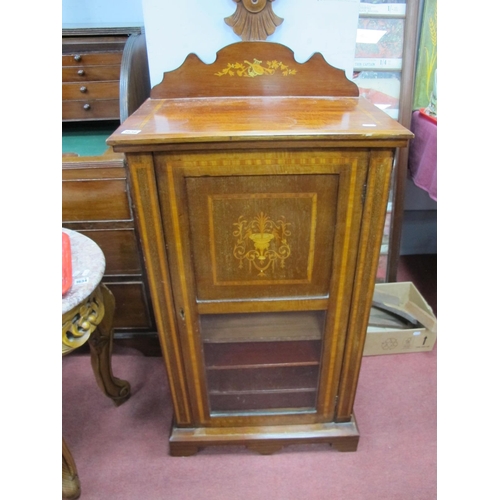 1636 - Early XX Century Mahogany Inlaid Music Cabinet, with a shaped back, panelled and glazed door, with i... 