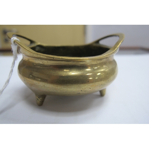 1326 - Oriental - Small Brass Censer, on three feet, with six character marks under base, 4cm high.