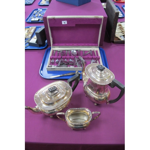 10 - A Plated Three Piece Tea Set, (lacking jug) each with reed and reel border, on pad feet; together wi... 