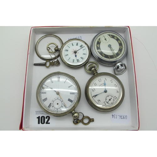 102 - Openface Pocketwatches, including Ingersoll Crown, etc and a fob watch (damages).