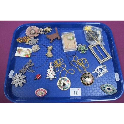 12 - Vintage and Later Costume Brooches, two enamel swan pendants on gilt metal chains, etc :- One Tray