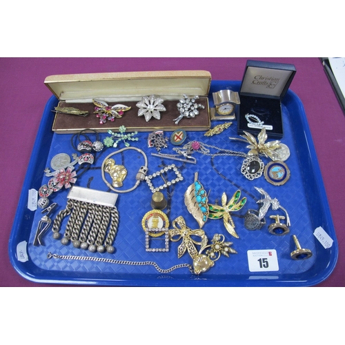 15 - Assorted Costume Brooches, pair of cufflinks, etc :- One Tray