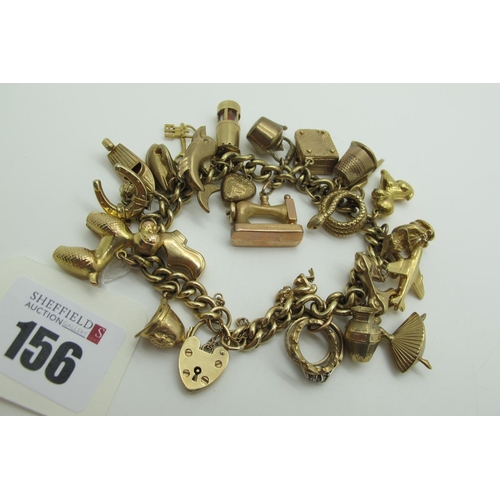 156 - A 9ct Gold Curb Link Charm Bracelet, to 9ct gold heart shape padlock style clasp, suspending numerou... 