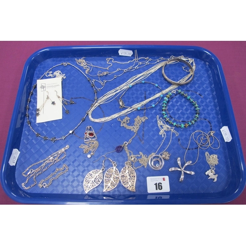 16 - 925 and Other Necklaces, chains, earrings, a hinged bangle, bead bracelets etc :- One Tray