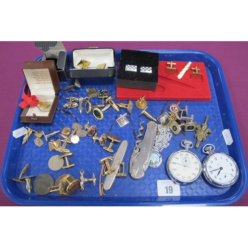 19 - A Collection of Assorted Cufflinks, openface pocketwatches (lacking glass)unusual Prince of Wales Fe... 