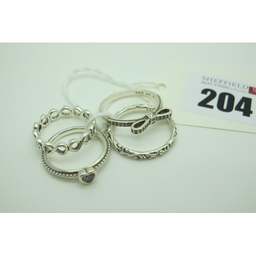 204 - Pandora; Four Modern Stacking Style Bands, all stamped 