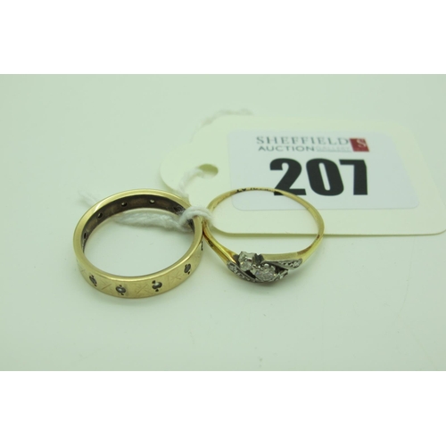 207 - An 9ct Gold Eternity Band, with inset highlights (finger size M); together with a three stone ring, ... 