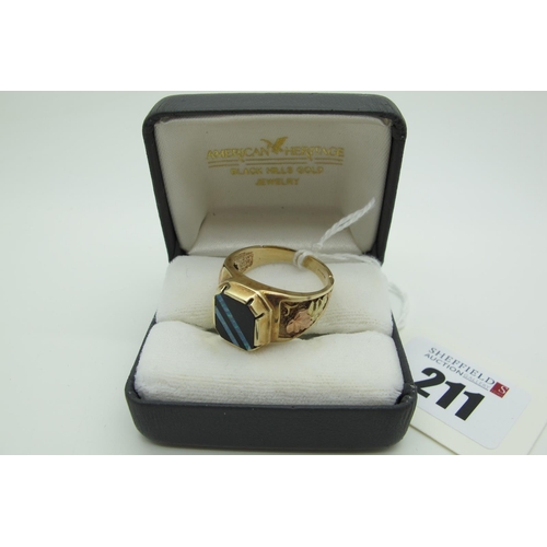 211 - A Modern QVC Black Hills Gold 'American Heritage' 9ct Gold Gent's Ring, the inset central rectangula... 