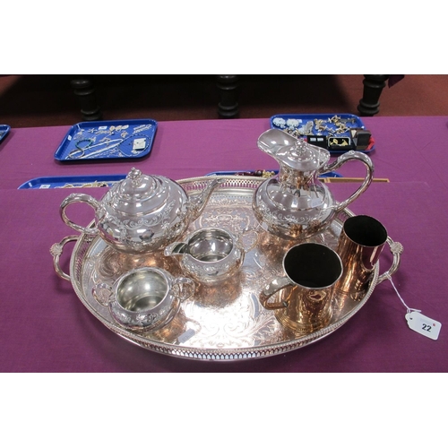 22 - A Decorative EPBM Four Piece Tea Set, a XIX Century copper mug, plated oval twin handled tray, etc.