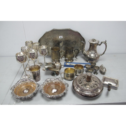 26 - Assorted Plated Ware, including Arts & Crafts style lidded pot pourri, decorative pair of plated on ... 