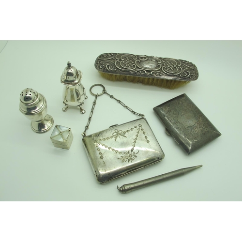 82 - A Hallmarked Silver Backed Brush, (damages), hallmarked silver and plated pepperettes, decorative re... 