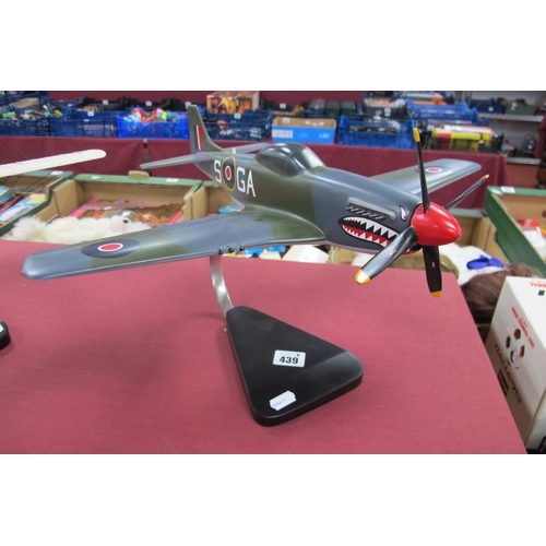 439 - A Desk Top Wooden Construction P-51 Mustang Model Aircraft, wingspan 44cm, with display plinth.