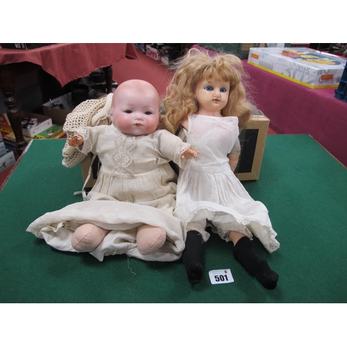 501 - Two Adapted Vintage Dolls, to include a Bisque Headed doll marked A.M, cloth body, plastic hands (da... 